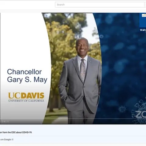 UC Davis Chancellor Gary May delivered the COVID-19 seminar introduction. In the right corner is organizer-moderator Walter Leal.