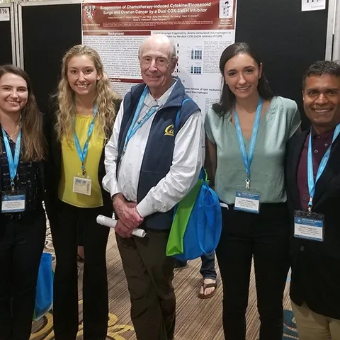 Collaborators who presented their research at the 2019 Bioactive Lipid meeting in St. Petersburg, Fla., included Bruce Hammock of UC Davis and scientists from the lab of physician-researcher Dipak Panigrahy, Harvard Medical School. From left are Tori Hallisey, Kelsey Kendzulak, Bruce Hammock, Anna Fishbein and Dipak Panigrahy.
