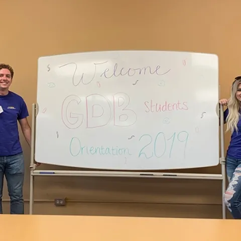 The Global Disease Biology Orientation that Andrea Guggenbickler planned was hailed as a huge success. From left are Bianca Arao, peer advisor, graduating this spring 2020; Austin Dalmasso, peer advisor, graduating this spring 2020; academic advisor Andrea Guggenbickler; Nicole Finney, former peer advisor, a 2019 GDB graduate and currently studying for her master's in public health.
