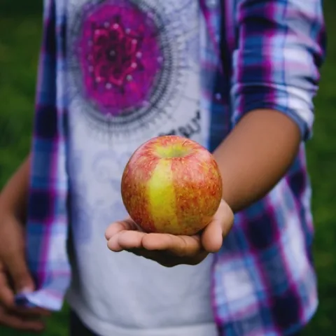 Child holding apple.