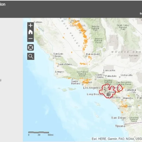 The two red-outlined areas show the ACP and HLB quarantine areas in Southern California. (Screen shot taken Aug. 13, 2020. For updated information, see https://ucanr.edu/sites/ACP/Distribution_of_ACP_in_California/)