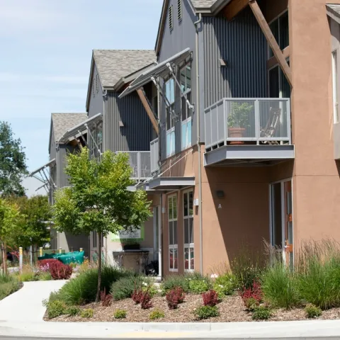Townhouses with landscaping.