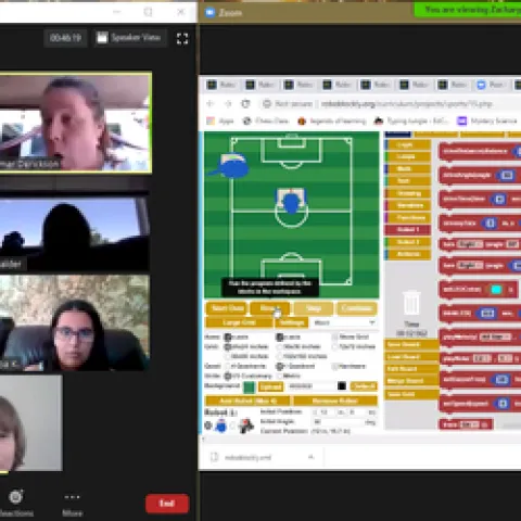 Zoom mosaic screen shot next to screen shot of programming on robockly.org