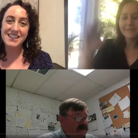 A screen shot from an episode of Soil Health Connection on YouTube. Sarah Light, upper left, and Liz Harper interview Tom Johnson, an agronomist at Kamprath Seed.