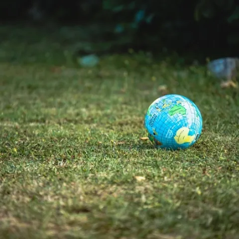 Picture of a globe of the world on a field of grass.