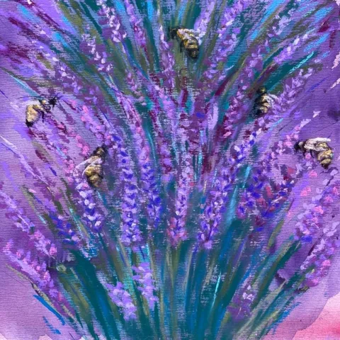 Artist Lisa Rico painted this photo of lavender and bees for the Vacaville Fire Art Project she founded. It's titled "Making Honey" and was purchased by Andrea Hofmann-Miller. Among fire victims were beekeepers and Girl on the Hill Boutique Vineyard and Lavender.