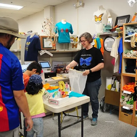 Bohart Museum associate Fran Keller, a professor at Folsom Lake College who holds a doctorate in entomology from UC Davis, helps customers at the Bohart gift shop in this pre-COVID-19 image. (Photo by Kathy Keatley Garvey)