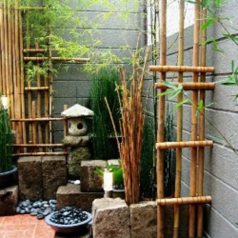 Zen Garden with Bamboo, Stone, and Greenery