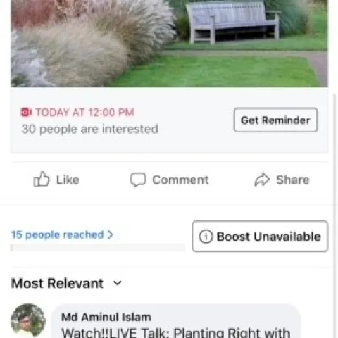 Screenshot of a Facebook event where a spammer posted the comment "Watc!! Live Talk: PlantRight with PlantRight Livestream" and a link to a fake streaming website.
