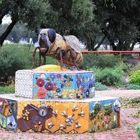 This worker bee sculpture by Donna Billick of Davis, anchors the Häagen-Dazs Honey Bee Haven on Bee Biology Road. (Photo by Kathy Keatley Garvey)