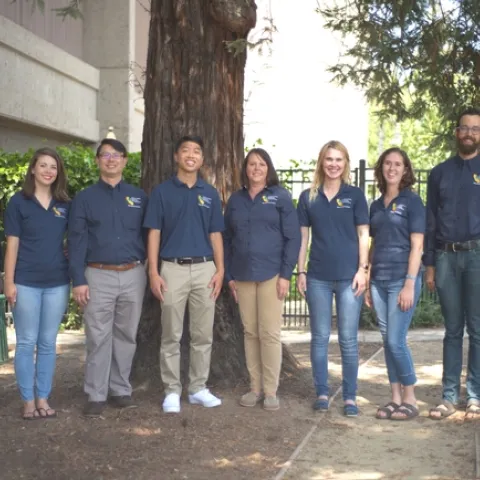 8 people in dark blue shirts standing in a row under a large tree