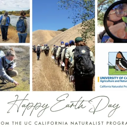 Happy Earth Day Greetings collage from the California Naturalist program featuring people enjoying nature outdoors.