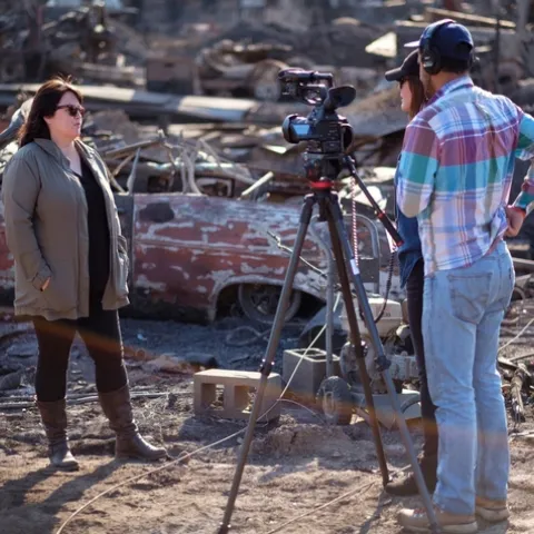 A new book by Faith Kearns offers advice for effective science communication. Kearns talks with the Generous Films documentary production team at the Kincade Fire in Sonoma County in 2019. Photo by Jared Stapp