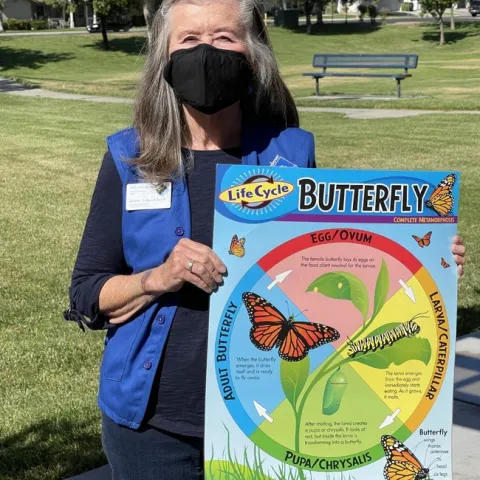 Master Gardener Denise holds up a diagram of the monarch butterfly lifecycle.