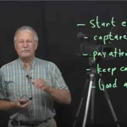 Jeff Mitchell stands next to a camera on a tripod, holding a mic. Next to him it says, "Start early. Capture video ongoing. Pay attention to details. Keep camera still. Good audio.