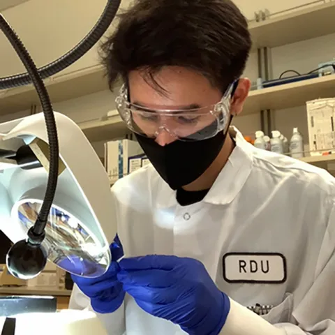 Biochemistry and molecular biology major Barry Nguyen doing research.