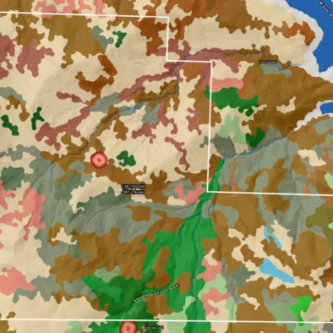 Example map from Wildfire Fuel Mapper map report depicting vegetation type for a parcel within the Lake Sonoma Watershed