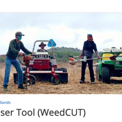 Santa Monica Mountains BAR team holding tools to manage invasive weeds using non-chemical approaches.
