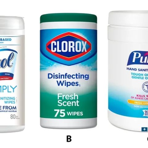 Three containers of different types of sanitizing and disinfecting wipes.
