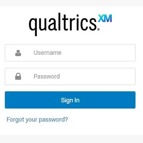 Qualtrics log in screen, displaying Qualtrics logo, username and password box.