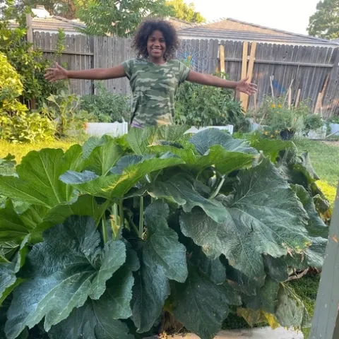 Minerva Gonzalez stands with arms stretched out to the sides to show the width of a squash plant.