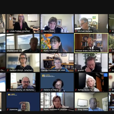 Gallery shot of Drake, UCANR leaders and PAC members on Zoom.