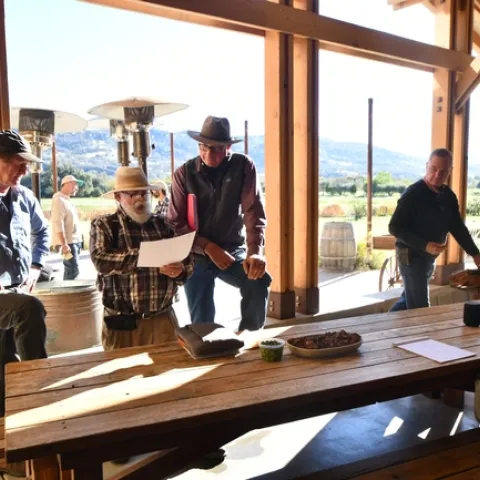 Farmer members of California's organic vegetable reduced soil disturbance group meeting to discuss project progress, November 3, 2021