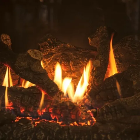 Fire in a fireplace.