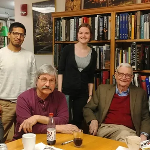 UC Davis doctoral student Jill Oberski met E. O. Wilson and other scientists at his Harvard office in 2019. In front (from left) are Doug Booher, Stefan Cover, E. O. Wilson and David Lubertazz. In back, with Oberski, is Frank Azorsa.