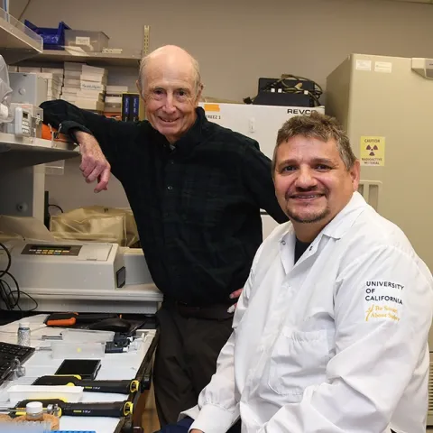 UC Davis distinguished professor Bruce Hammock (left) and Hammock lab biochemist Christophe Morisseau are co-authors of the paper. (Photo by Kathy Keatley Garvey)