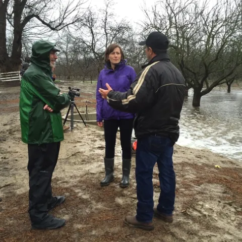 From left, Ken Shackel, Helen Dahlke and Roger Duncan discuss groundwater recharge in an almond orchard in 2016.