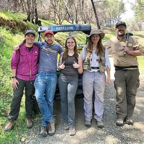 Five members of the Jason Bond at the UC Quail Ridge Reserve, Napa County. From left are Lacie Newton, Xavier Zahnle, Emma Jochim, Lisa Chamberland, and Jim Starrett. Not pictured are the newest lab members Iris Bright and Megan Ma.