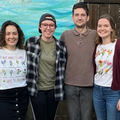 The UC Davis Entomology Team is comprised of (from left) doctoral student Erin "Taylor" Kelly of the Geoffrey Attardo lab; doctoral student Madison "Madi" Hendrick of the Ian Grettenberger lab; and doctoral candidates Zachary Griebenow and Jill Oberski of the Phil Ward lab. Griebenow captains the team.