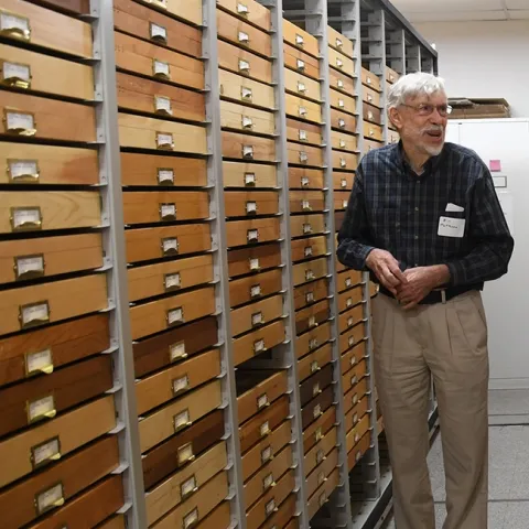 William "Bill" Patterson in the Bohart Museum of Entomology (2019 Photo by Kathy Keatley Garvey)