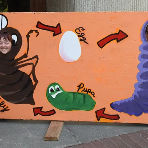 UC Davis students Noel Bresson and Jordan King pose at Briggs Hall on UC Davis Picnic Day. (Photo by Kathy Keatley Garvey)