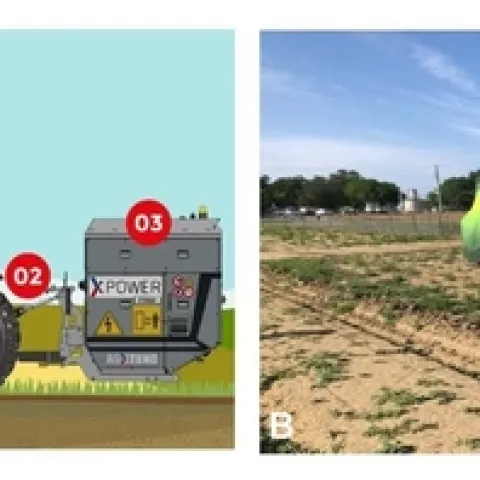 Figure 1. (A) Diagram of the EWC machine from Zasso.com. (01) The tractor engine is the power source of the EWC machine. (02) The PTO shaft transmits mechanical power from the tractor engine to the transformer/generator. (03) A transformer generates high voltage current. (04 and 05) Metal strips on the front-mounted applicator applies electric current to the target plants.