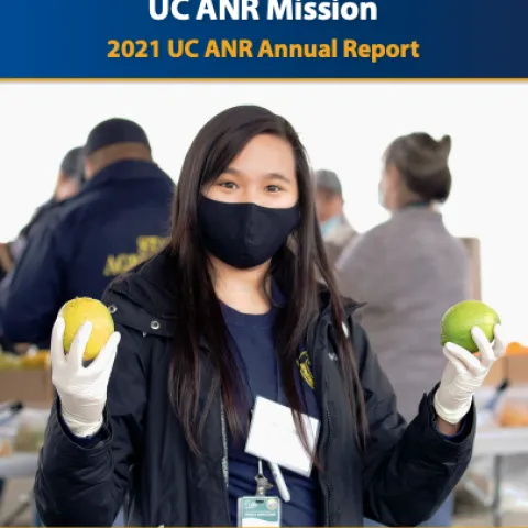 A young woman wearing a facemask holds a piece of citrus in each hand.