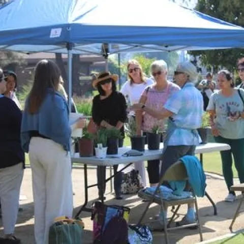 group of people in a garden listening to gardening information