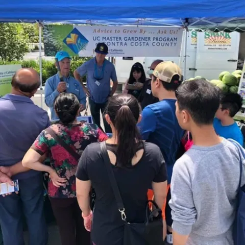 Co-Leads Greg Doyle and Terri Takusagawa look on as CoCoMG Bob Archer talks with the public at the San Ramon Farmers Market. Photo by Harv Singh.