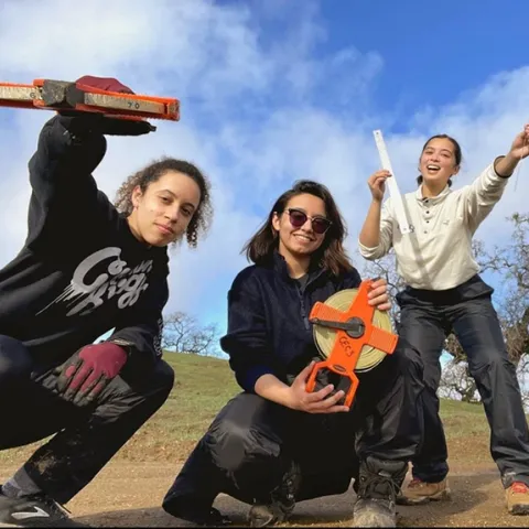 Bita Rostami (center) working at the Blue Oak Ranch Reserve in San Jose in the winter of 2021. With her are Logan Ruggles and Marissa Lopez. “We were working together on our first research project in the California Ecology and Conservation (CEC) of the University of California's Natural Reserve System, she said. “For this project, we were trying to measure the abundance of Achillea millefolium in recently burned and unburned areas around the reserve.” (Photo by Logan Ruggles)