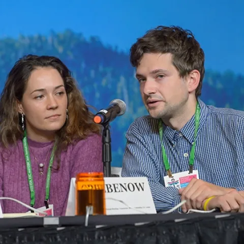 In the preliminaries, UC Davis doctoral candidate Zach Griebenow answers a question while team member, UC Davis doctoral candidate Erin "Taylor" Kelly waits for her turn. (Photo courtesy of ESA)