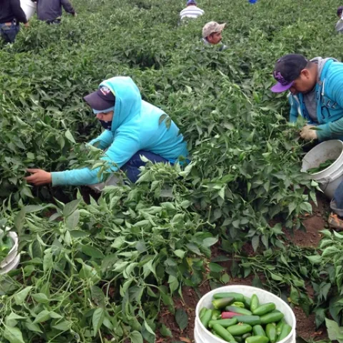 Farmworkers pick jalapeno peppers.