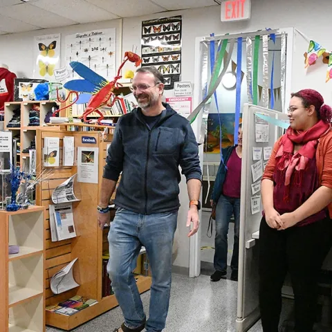 Associate dean Jason Bond leads professor Lynn Kimsey into the Bohart Museum after informing her of "the water leakage." At right is doctoral student Iris Quayle from the Bond lab.(Photo by Kathy Keatley Garvey)