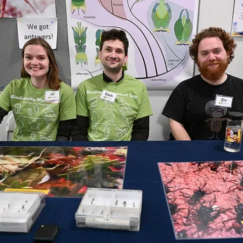 Got an ant question? From left are members of the Phil Ward ant lab at UC Davis: doctoral candidates Jill Oberski and Zachary Griebenow, and third-year doctoral student Ziv Lieberman. (Photo by Kathy Keatley Garvey)