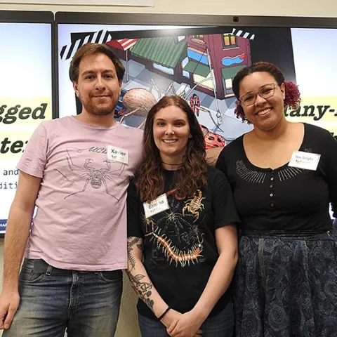 UC Davis doctoral candidates Xavier Zahnle and Emma Jochim and doctoral student Iris Quayle of the Jason Bond lab. (Photo by Kathy Keatley Garvey)