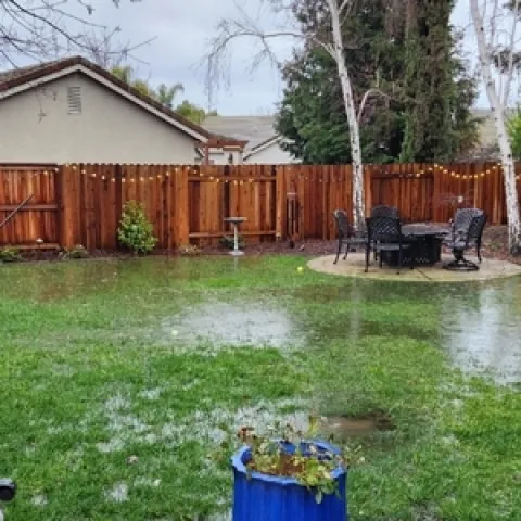 El jardín inundado en la parte trasera de una casa