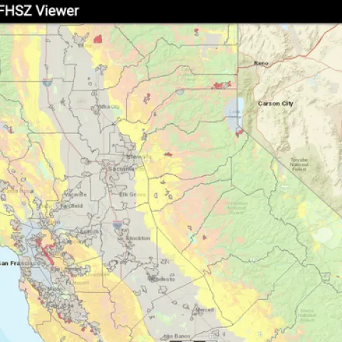 Map of California with wildfire risk color-coded.