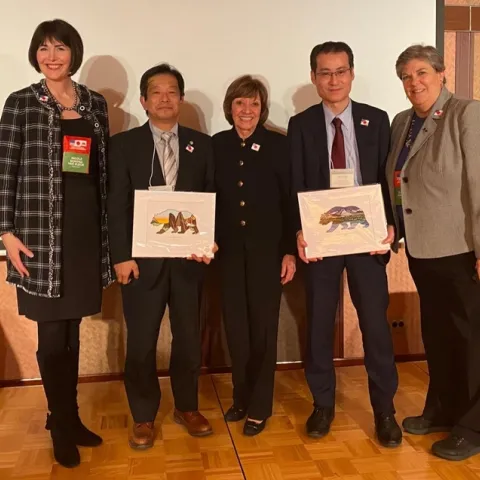 Panelists in the climate discussion included, from left, Nicole Van Vleck of the California Rice Commission, Shori Yamamato of NARO, Karen Ross, Satoru Harada of Yamanashi Prefecture and Glenda Humiston. Photo courtesy of CDFA