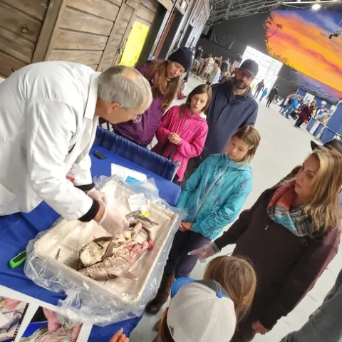 Children and parents gather around a man in a white coat gesturing to a fish that has been sliced open.