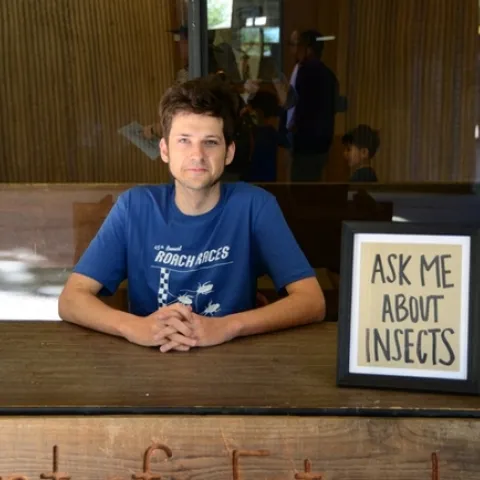 Doctoral candidate Zach Griebenow of the Phil Ward lab is ready to answer your insect questions at the booth, "The Doctor Is In." (Photo by Kathy Keatley Garvey)